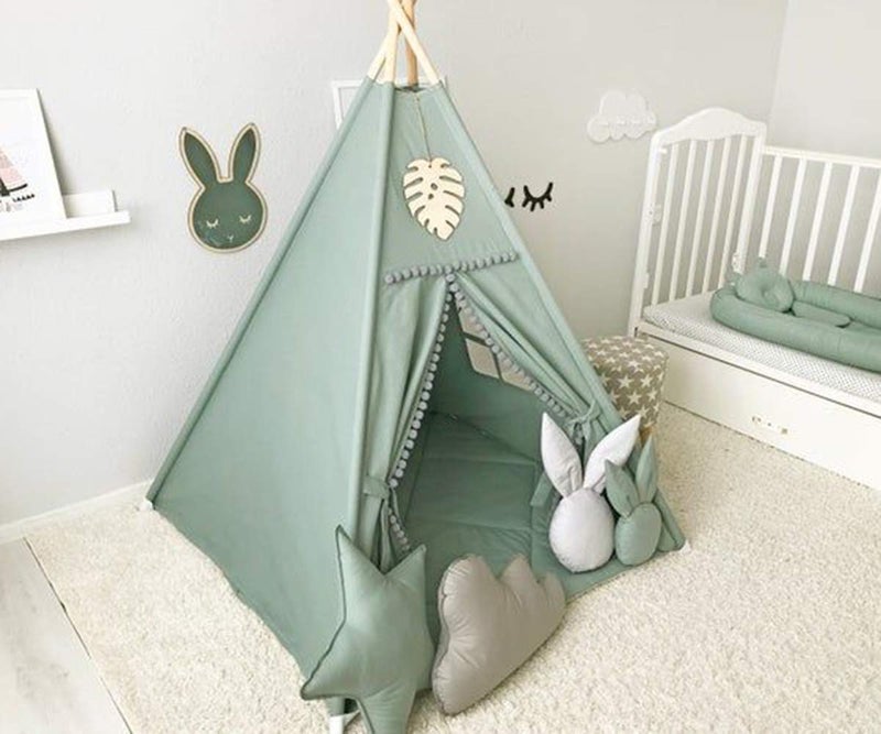 RONGFA Kids Teepee Tent with White Pom Pom - Indoor Play Teepee for Children Boys Portable Play House (Green) - Image 2